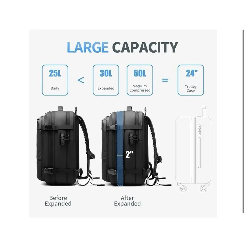 Kuvictewl 60L Vacuum Compression Travel Backpack Expandable TSA Lock